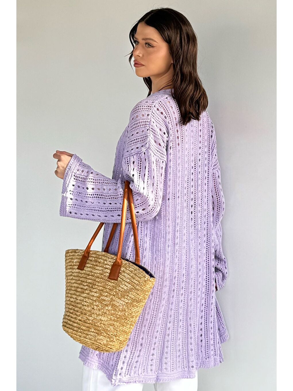 Lila Kadın Ajurlu Triko Hırka-3