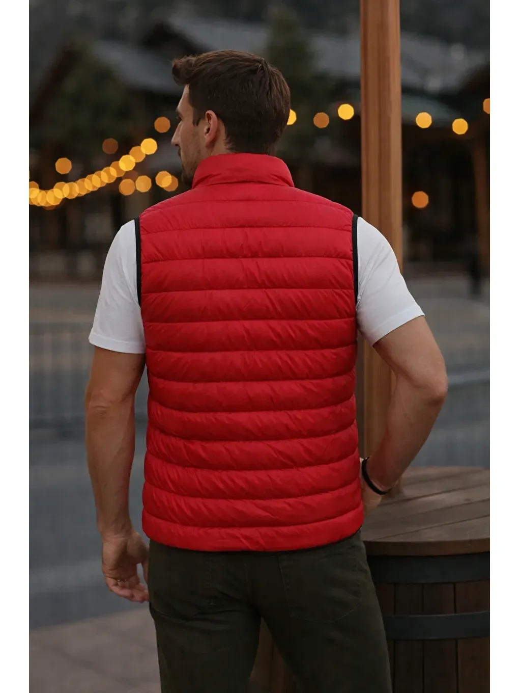 Erkek Astarlı Kışlık Cepli Fermuarlı Kırmızı Şişme Yelek-5