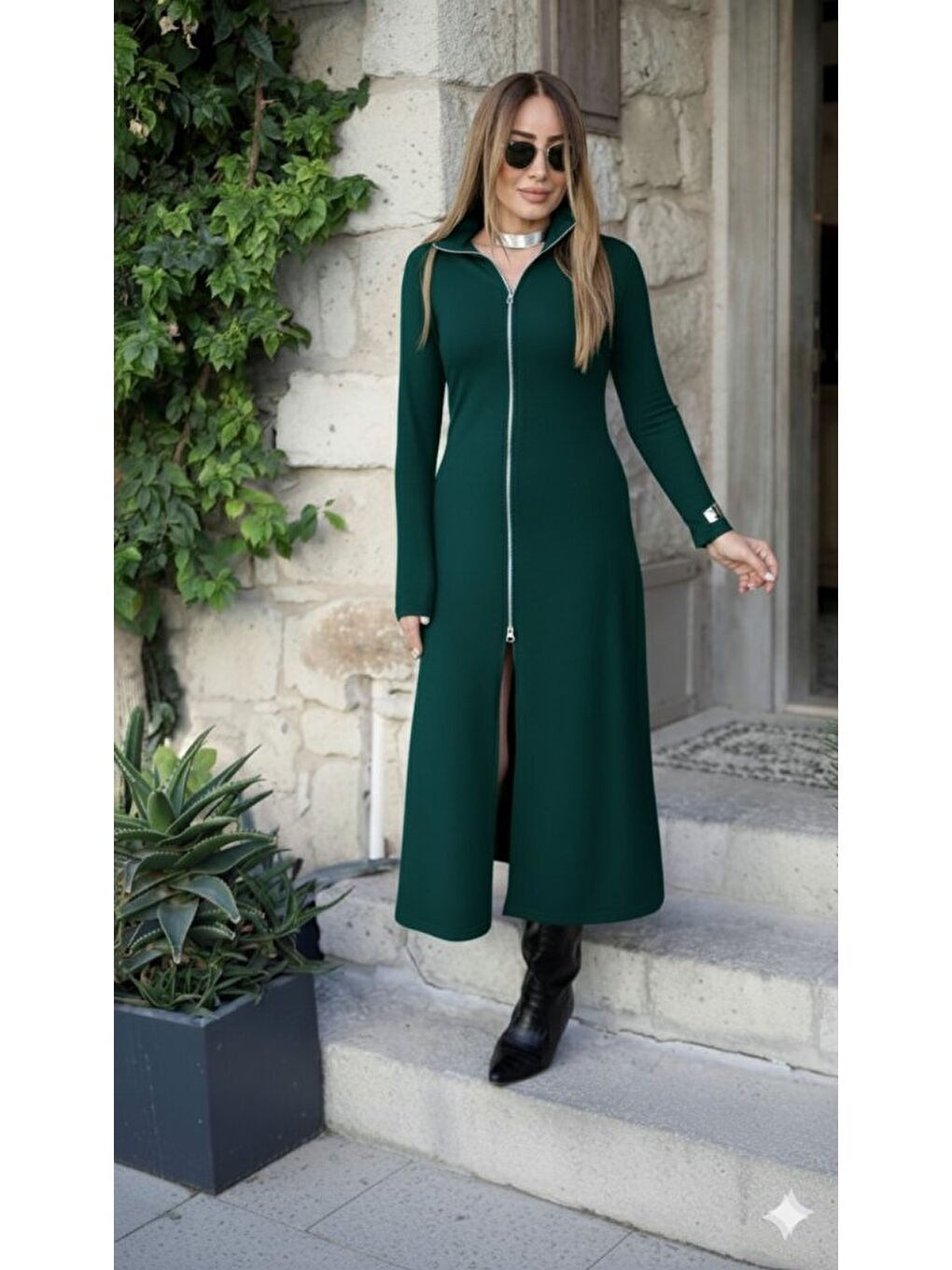 Yeşil Kadın Uzun Kollu önden Fermuarlı Ithal Krep Elbise-1