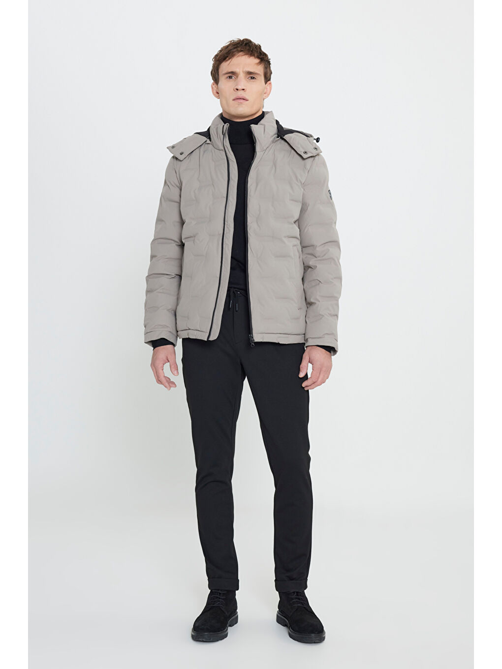 Bej Erkek Vizon Standart Fit Normal Kesim Kapüşonlu Desenli Mont-1