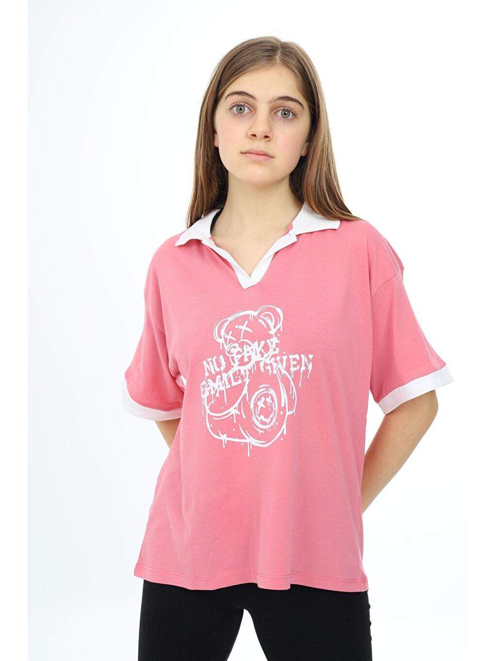 Pembe Ayıcık Baskılı Yakalı Oversize Kız Tişört 17819