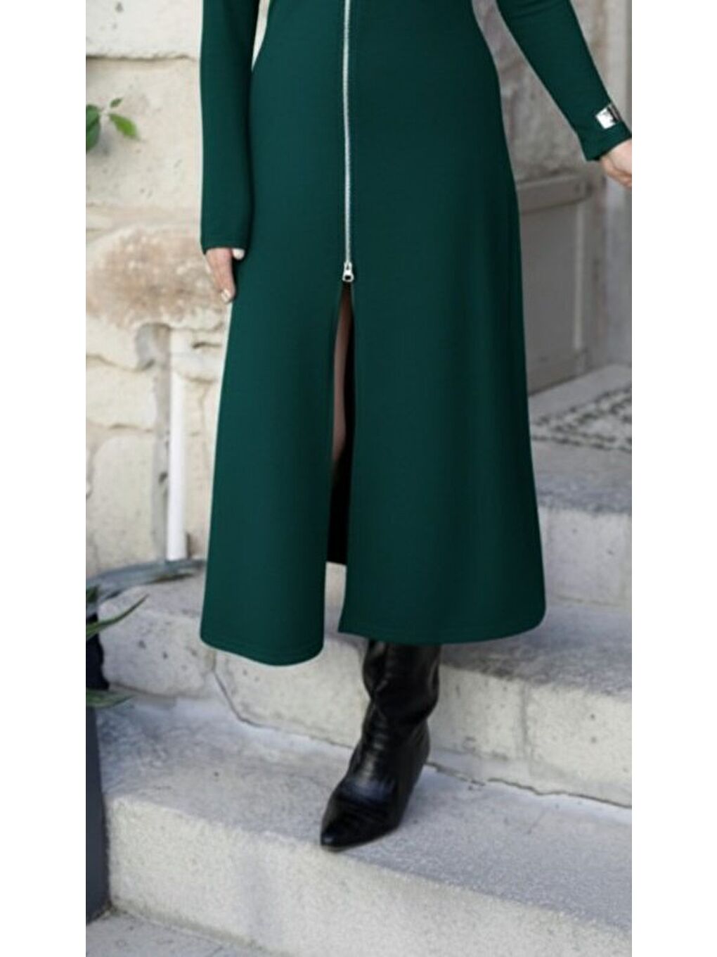 Yeşil Kadın Uzun Kollu önden Fermuarlı Ithal Krep Elbise-3