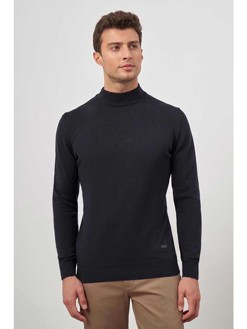 Koyu Lacivert Uzun Kol Düz Örme Yarım Balıkçı Yaka Classic Comfort Fit Triko 1012245001