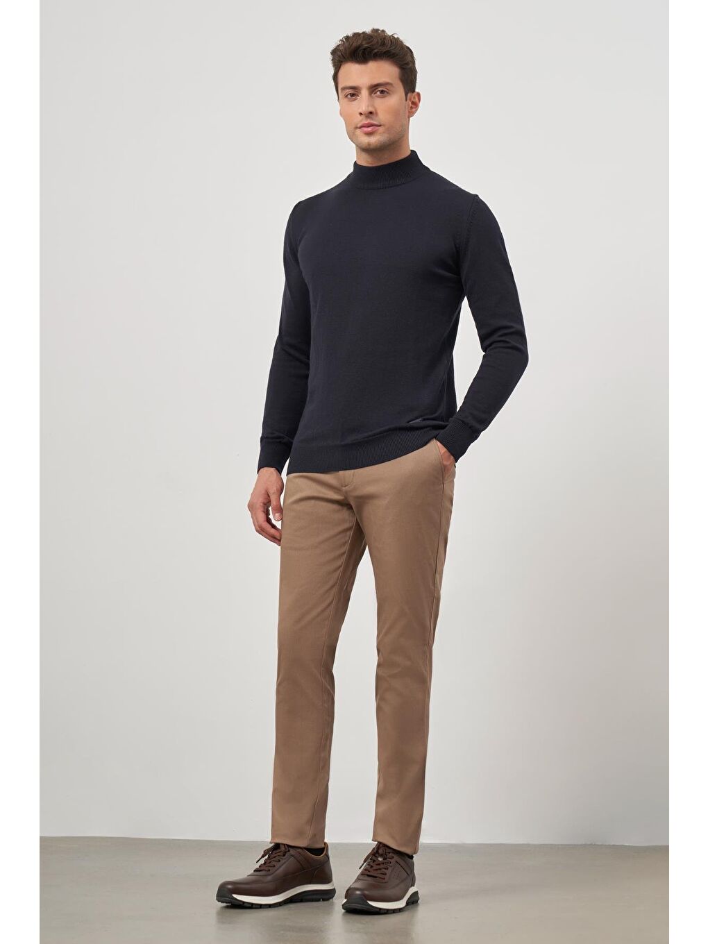 Koyu Lacivert Uzun Kol Düz Örme Yarım Balıkçı Yaka Classic Comfort Fit Triko 1012245001-1