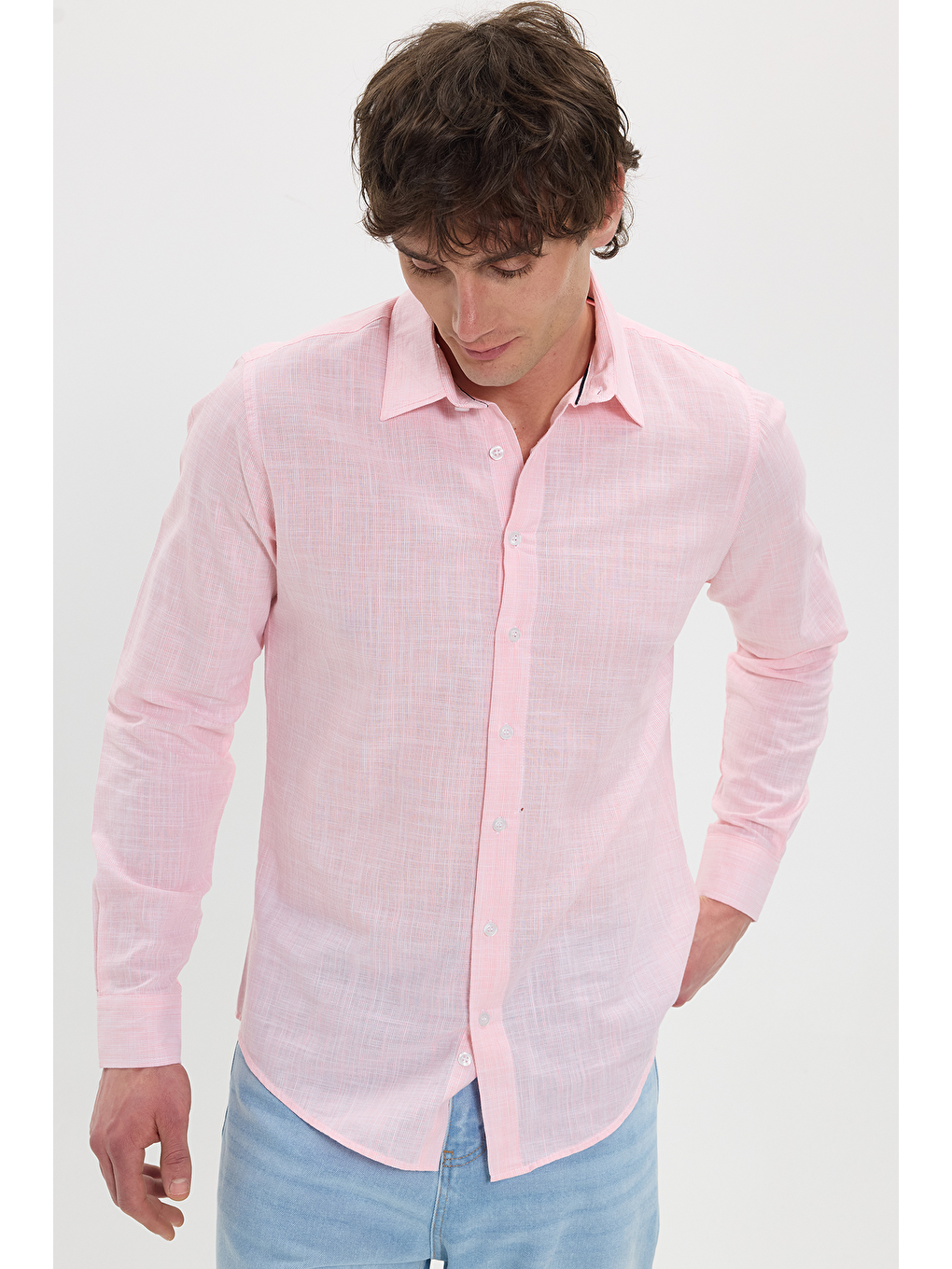 Erkek Slim Fit Dar Kesim %100 Pamuk Çizgili Uzun Kollu Keten Efektli Mercan Rengi Gömlek