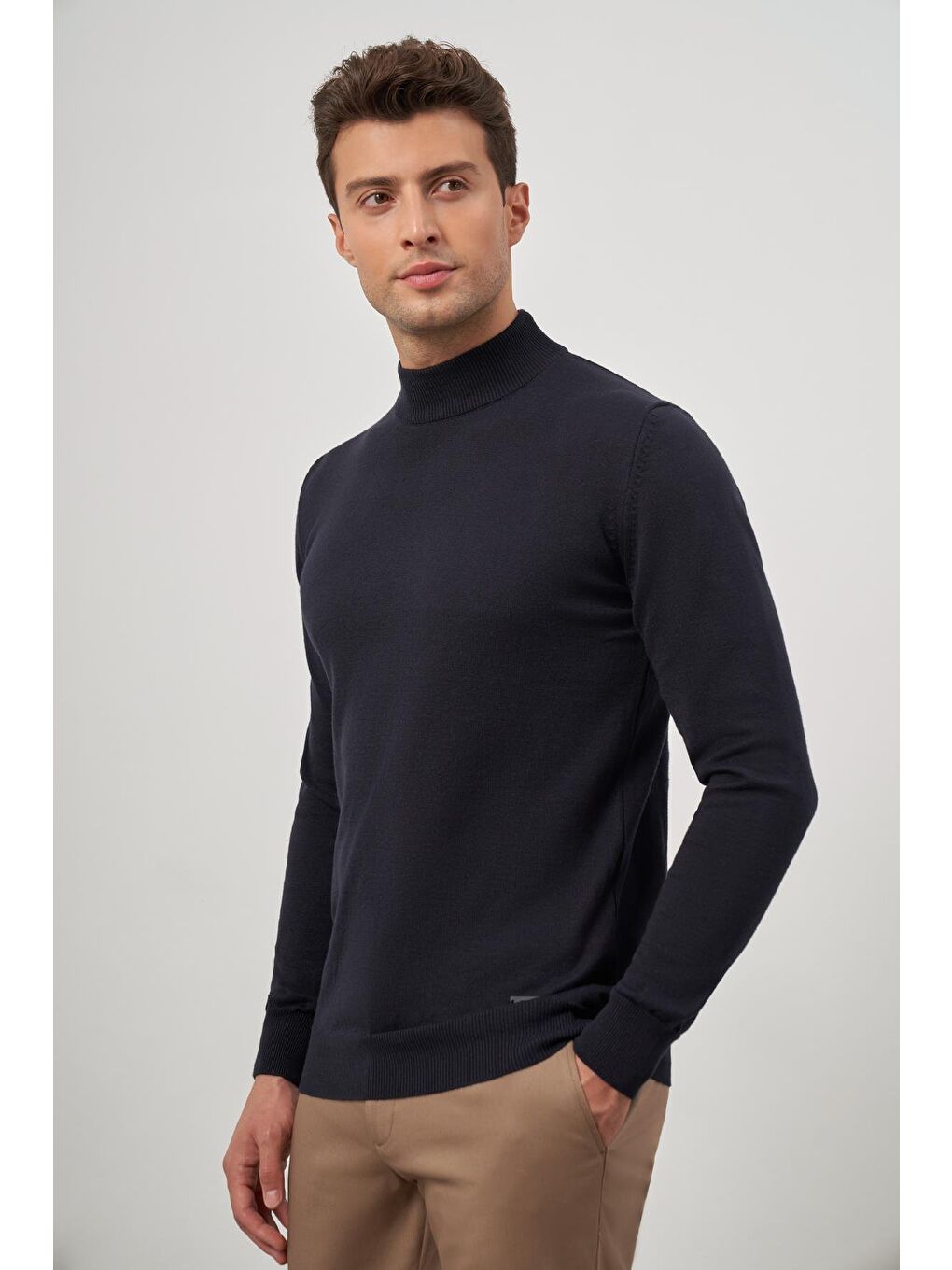 Koyu Lacivert Uzun Kol Düz Örme Yarım Balıkçı Yaka Classic Comfort Fit Triko 1012245001-3