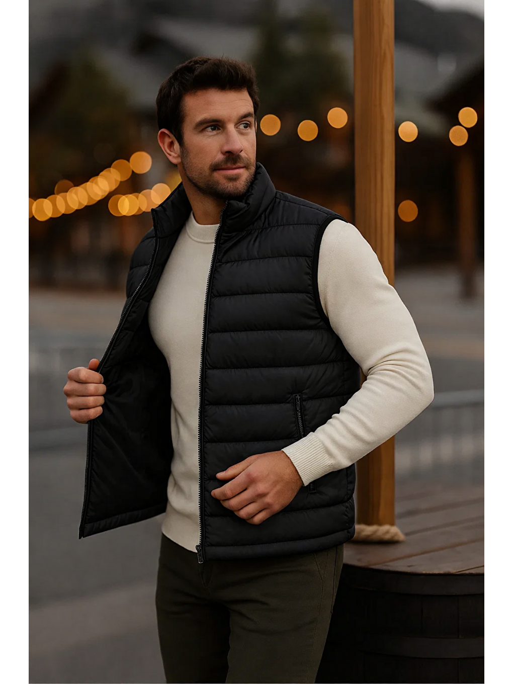 Erkek Astarlı Kışlık Cepli Fermuarlı Siyah Şişme Yelek
