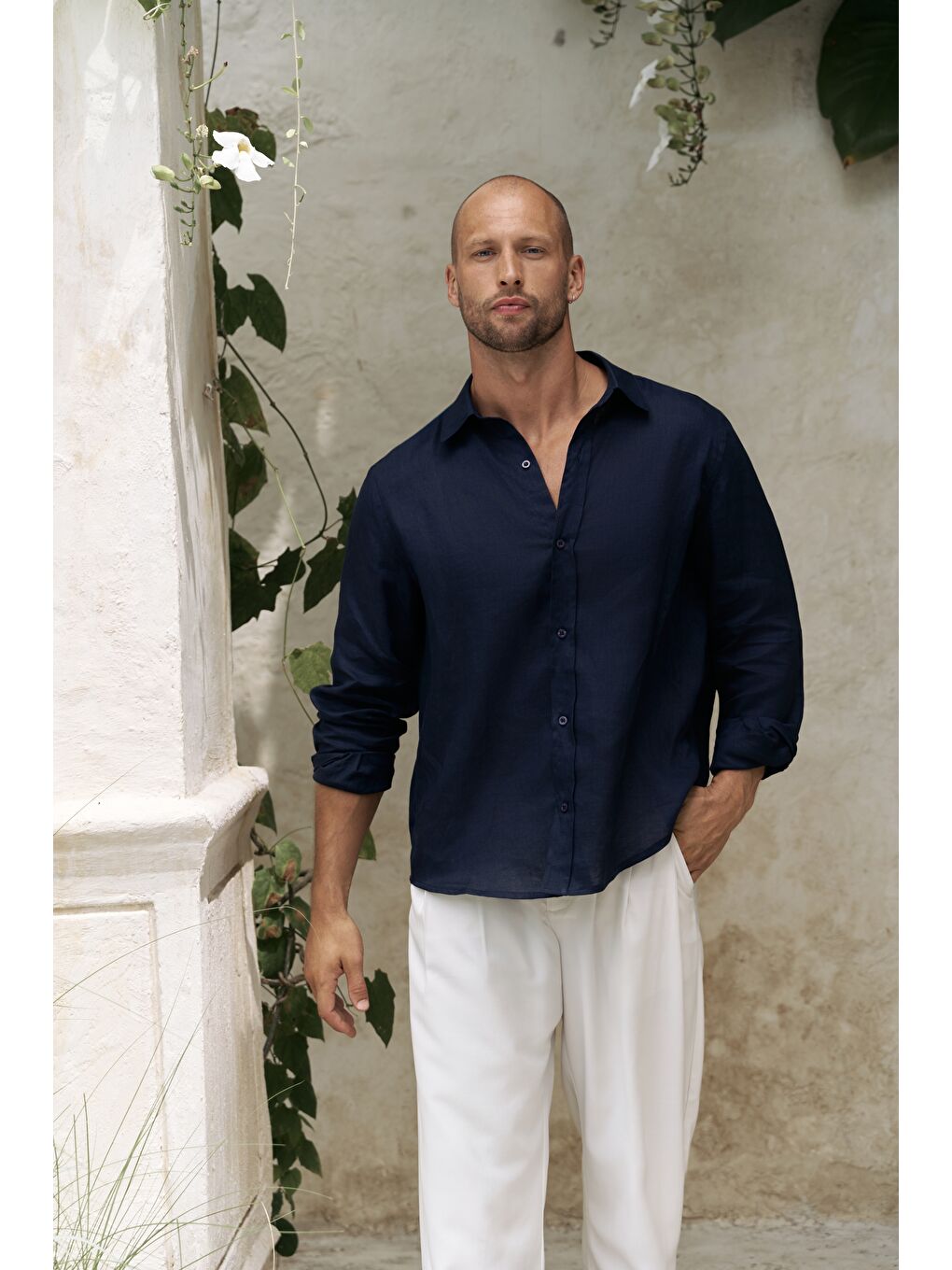 Bice Lacivert Keten Oversize Erkek Gömlek-1