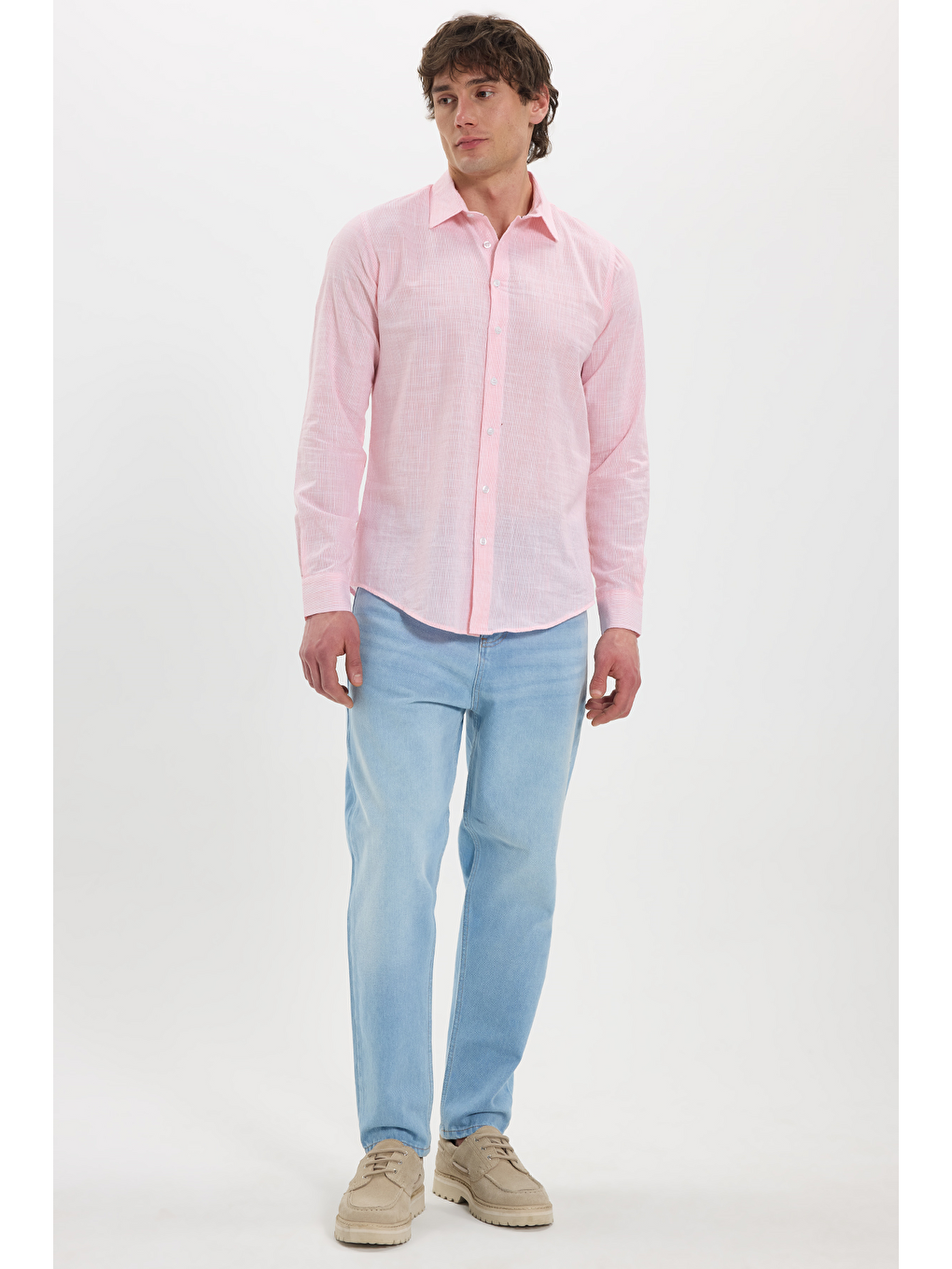 Erkek Slim Fit Dar Kesim %100 Pamuk Çizgili Uzun Kollu Keten Efektli Mercan Rengi Gömlek-1
