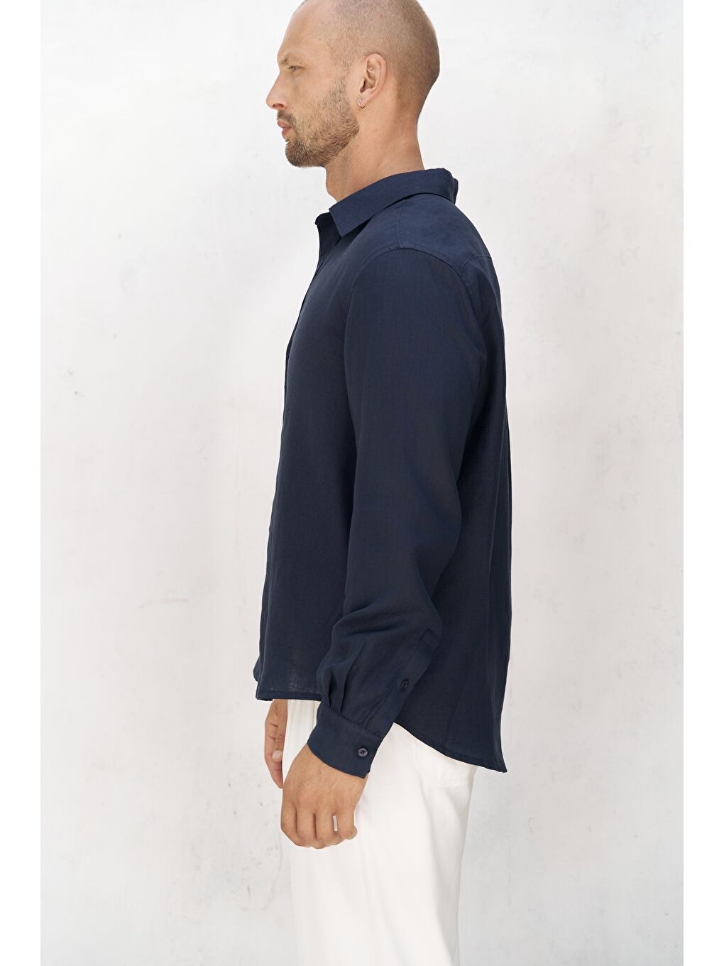 Bice Lacivert Keten Oversize Erkek Gömlek-3