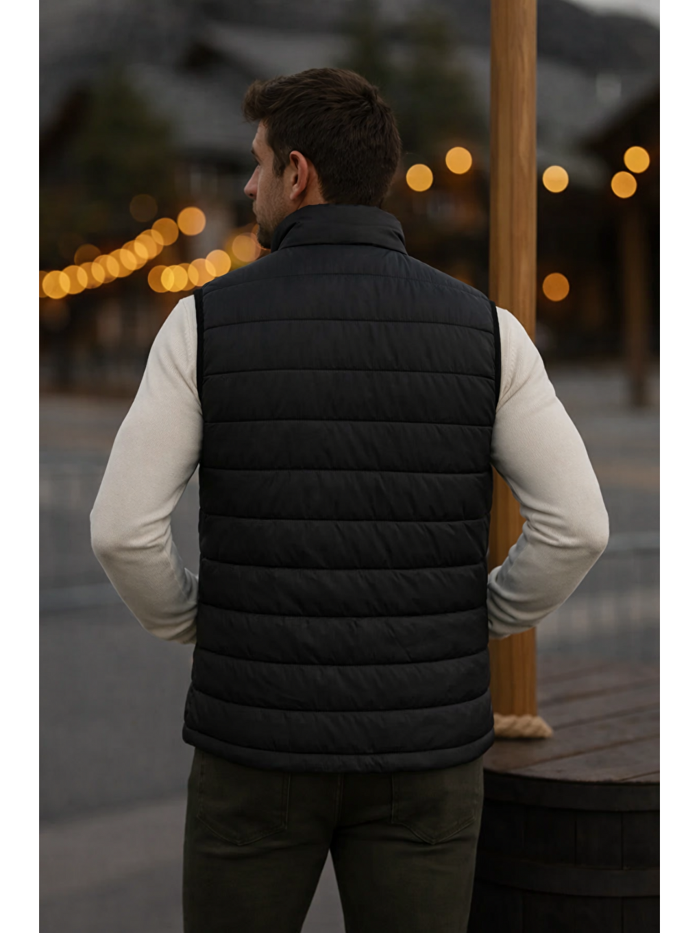Erkek Astarlı Kışlık Cepli Fermuarlı Siyah Şişme Yelek-5