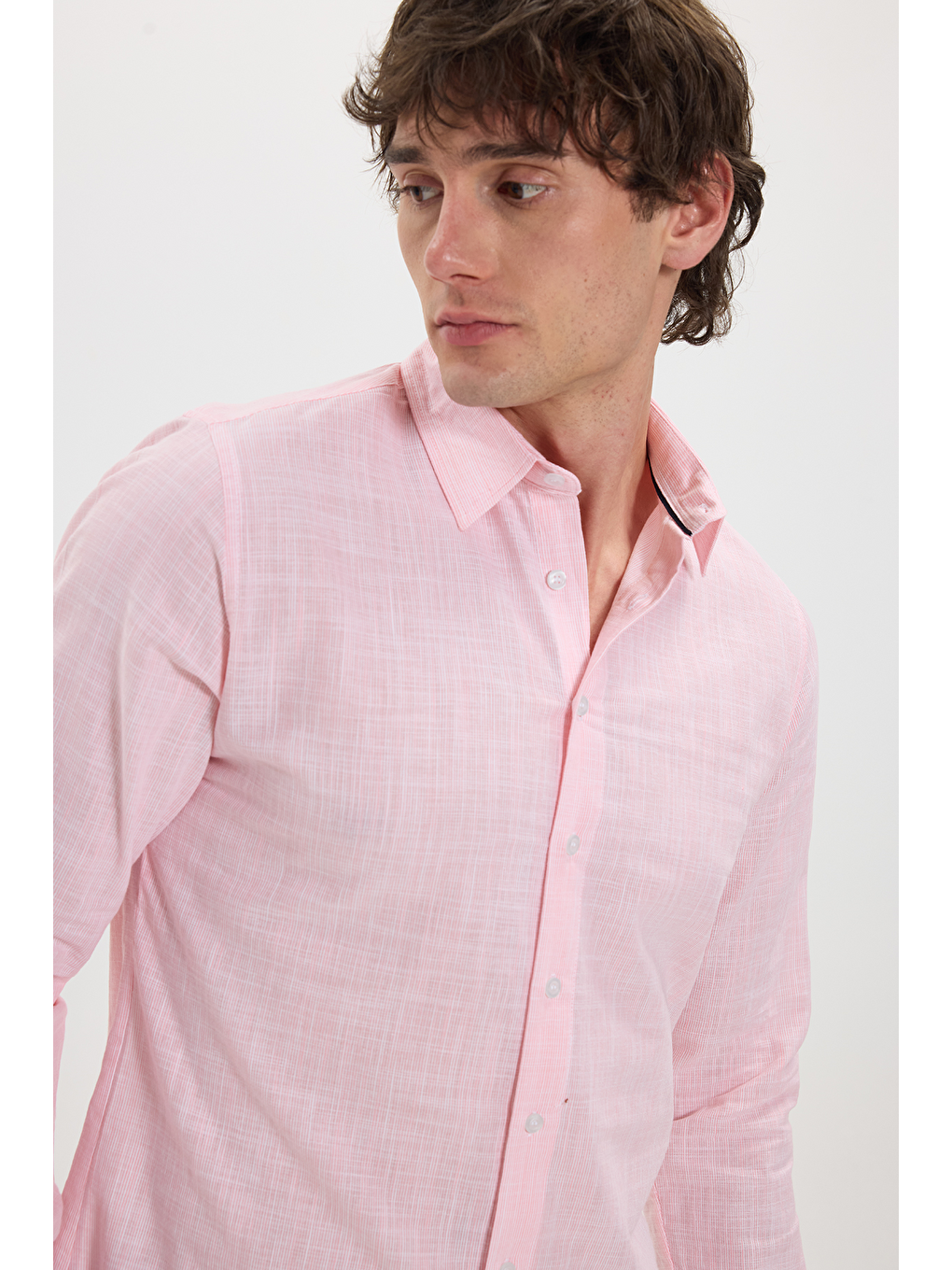 Erkek Slim Fit Dar Kesim %100 Pamuk Çizgili Uzun Kollu Keten Efektli Mercan Rengi Gömlek-2