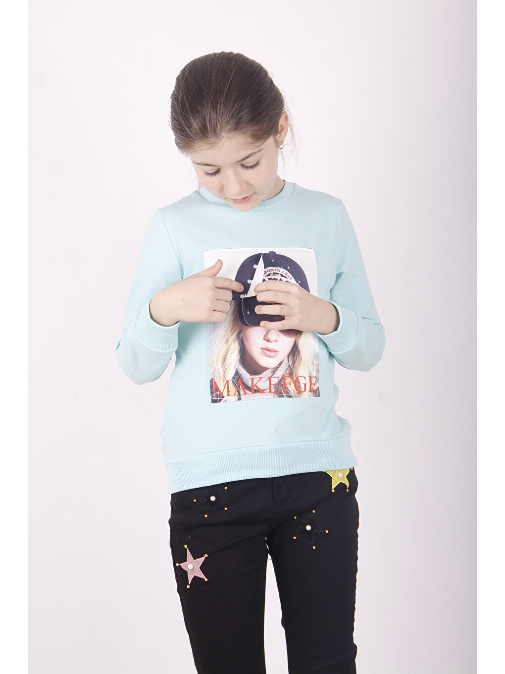 Turkuaz Kız Çocuk Şapkası 3d Baskılı Sweatshirt
