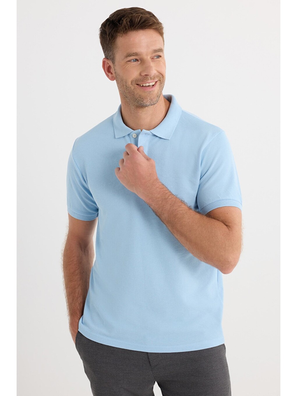 Erkek Slim Fit Dar Kesim Premium Seri %100 Pamuk Yumuşak Dokulu Merserize Mavi Polo Yaka Tişört-1