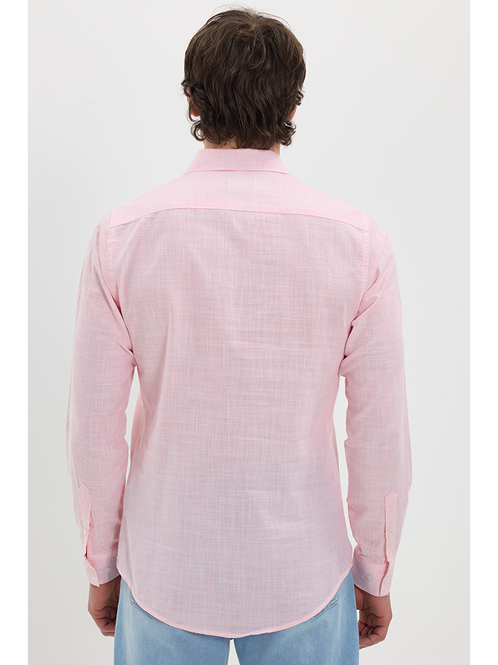 Erkek Slim Fit Dar Kesim %100 Pamuk Çizgili Uzun Kollu Keten Efektli Mercan Rengi Gömlek-4