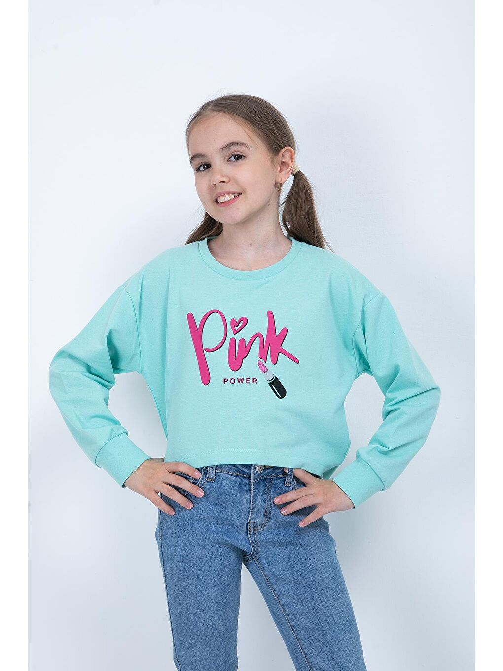 ZEYLAND Yeşil Kız Çocuk Baskılı Crop Sweatshirt