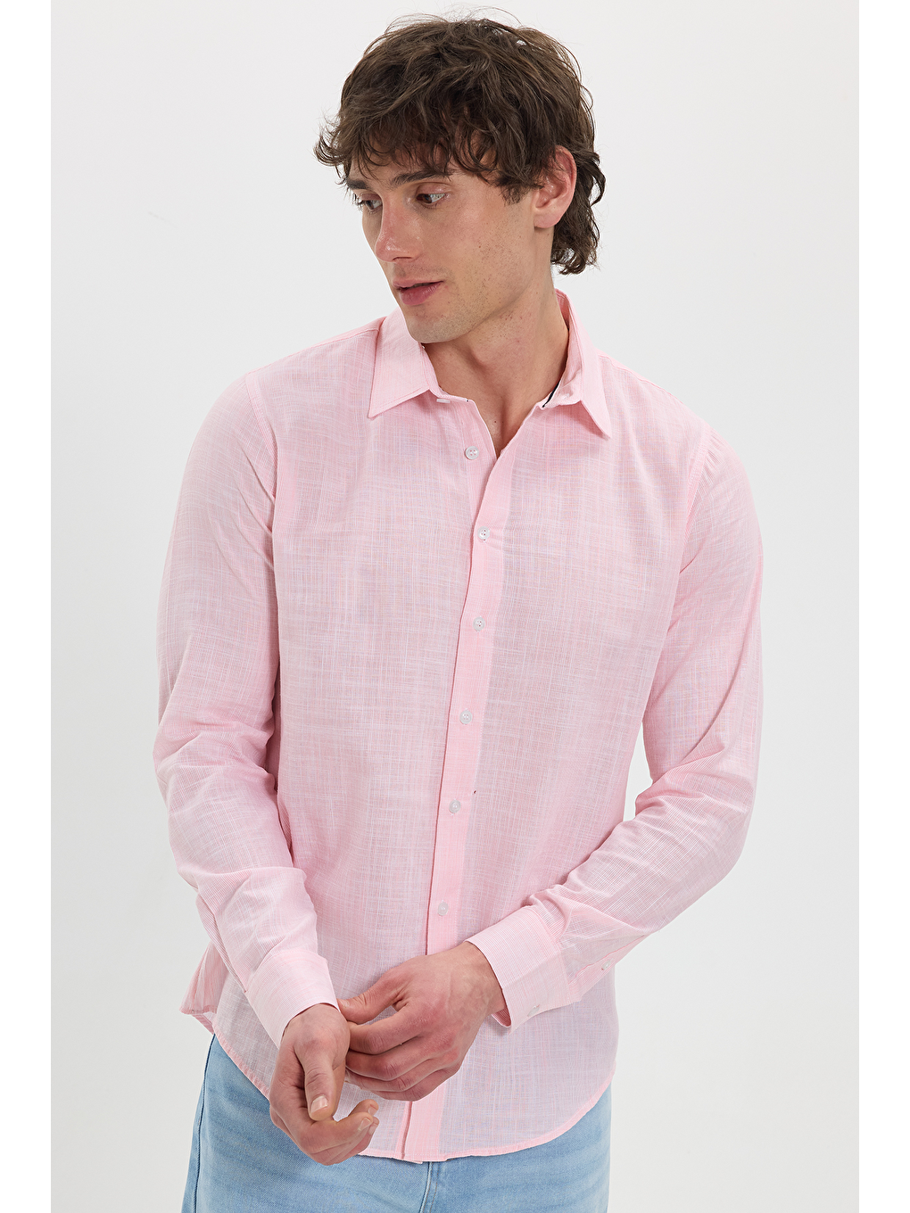 Erkek Slim Fit Dar Kesim %100 Pamuk Çizgili Uzun Kollu Keten Efektli Mercan Rengi Gömlek-5