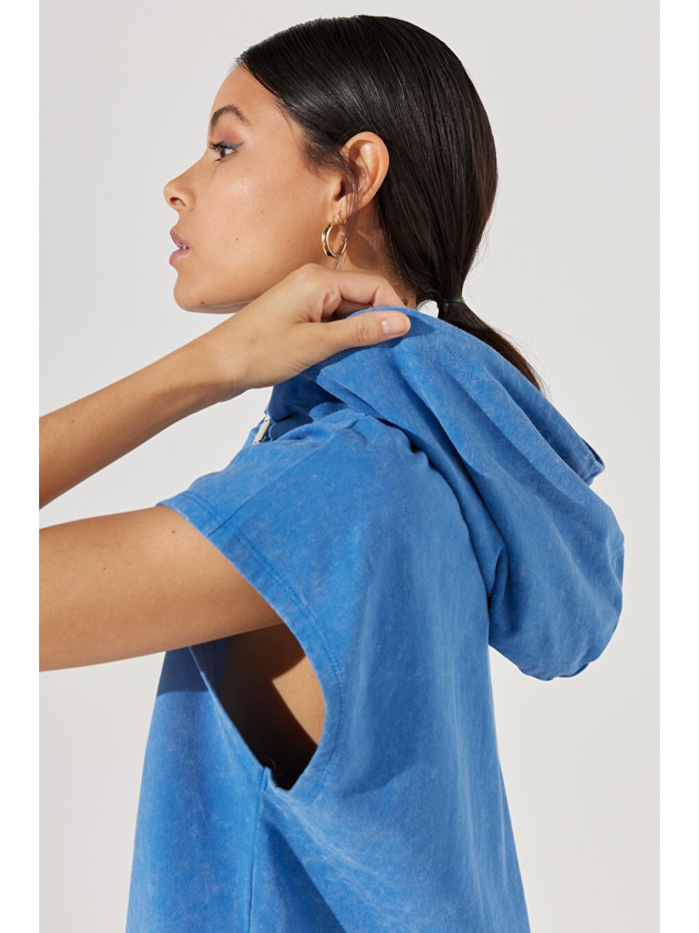 Yeşil Regular Fit %100 Pamuk Kapüşonlu Yaka Mavi Kolsuz Sweatshirt-2