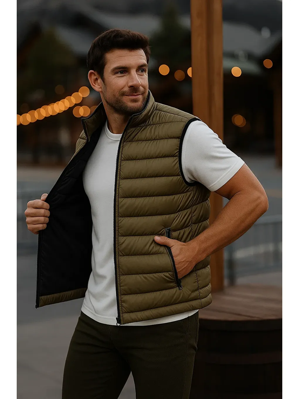 Erkek Astarlı Kışlık Cepli Fermuarlı Haki Şişme Yelek-1