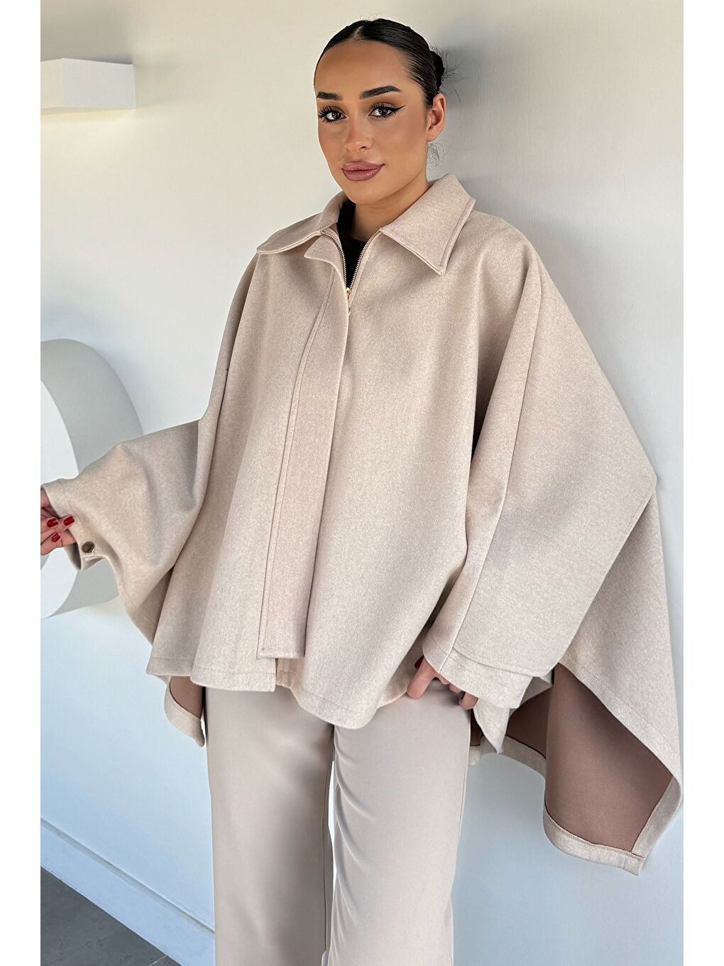 Bej Kadın Ön Fermuarlı Panço (s-m-l-xl Uyumludur)