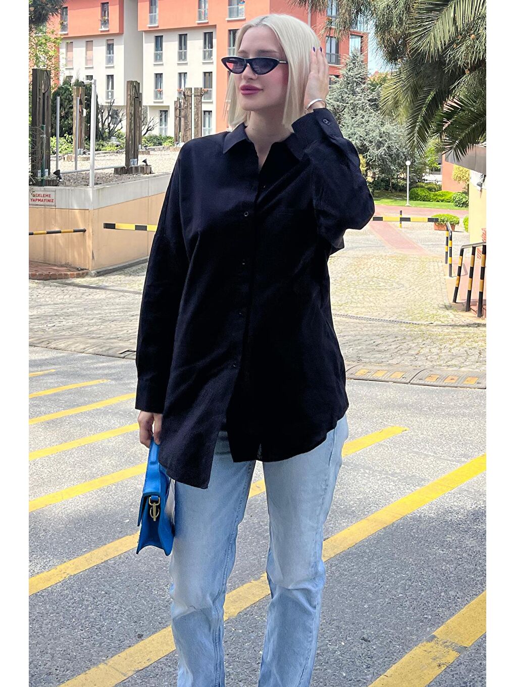 Siyah Oversize Basic Cepli Poplin Gömlek Mg1530-1