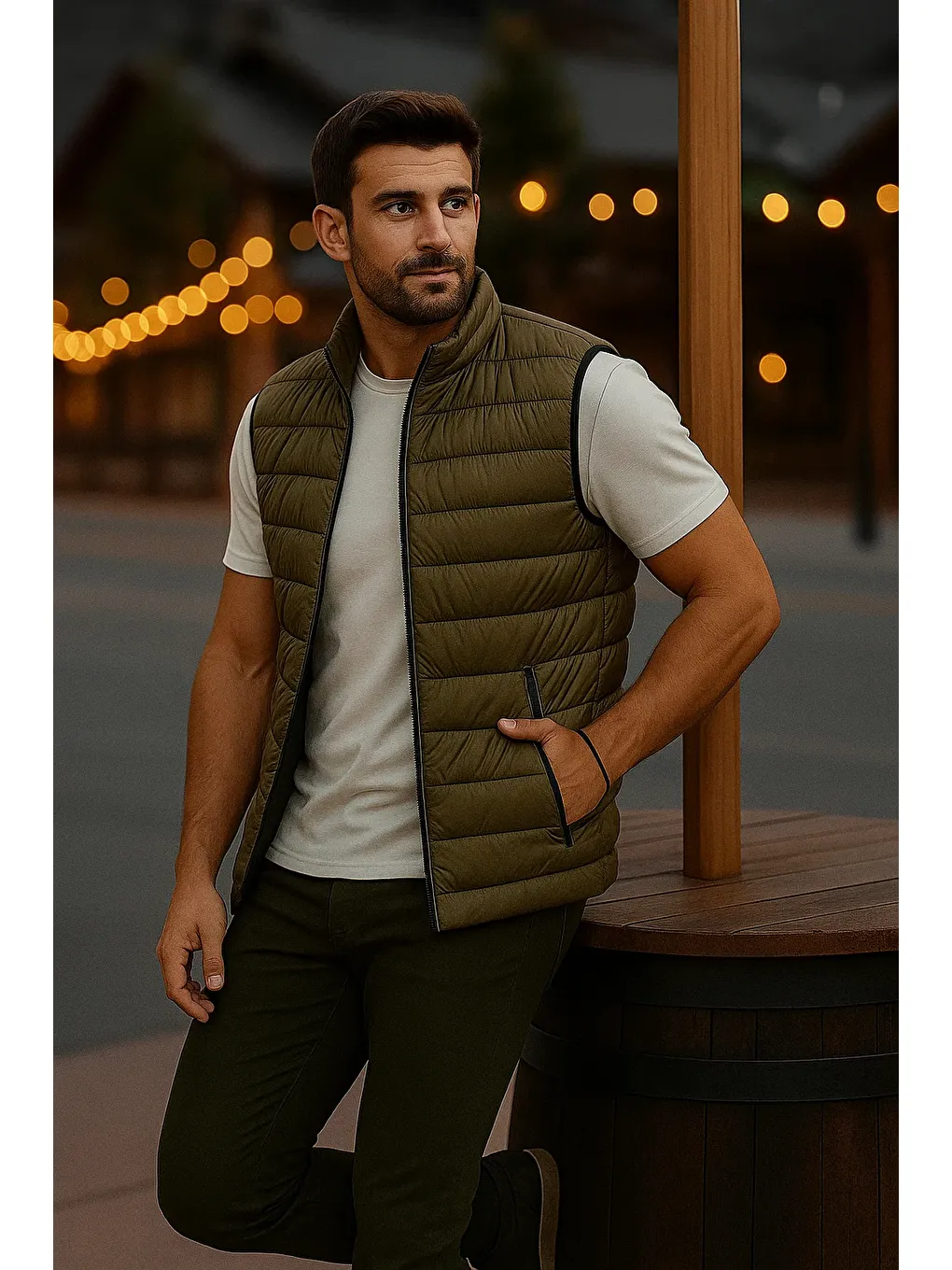 Erkek Astarlı Kışlık Cepli Fermuarlı Haki Şişme Yelek-2