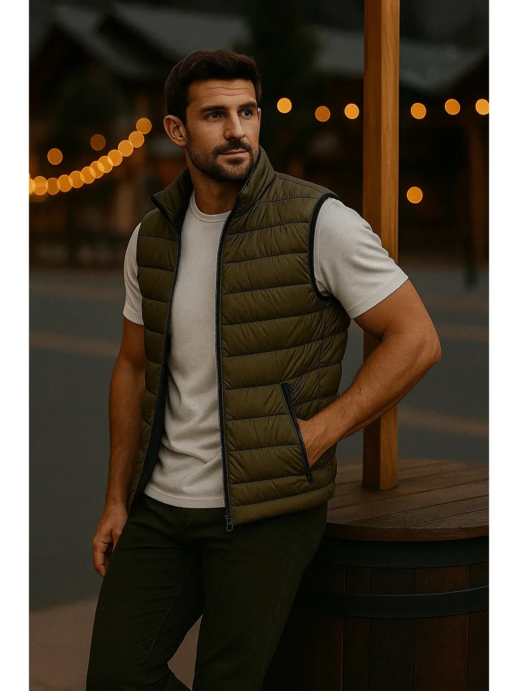 Erkek Astarlı Kışlık Cepli Fermuarlı Haki Şişme Yelek-3
