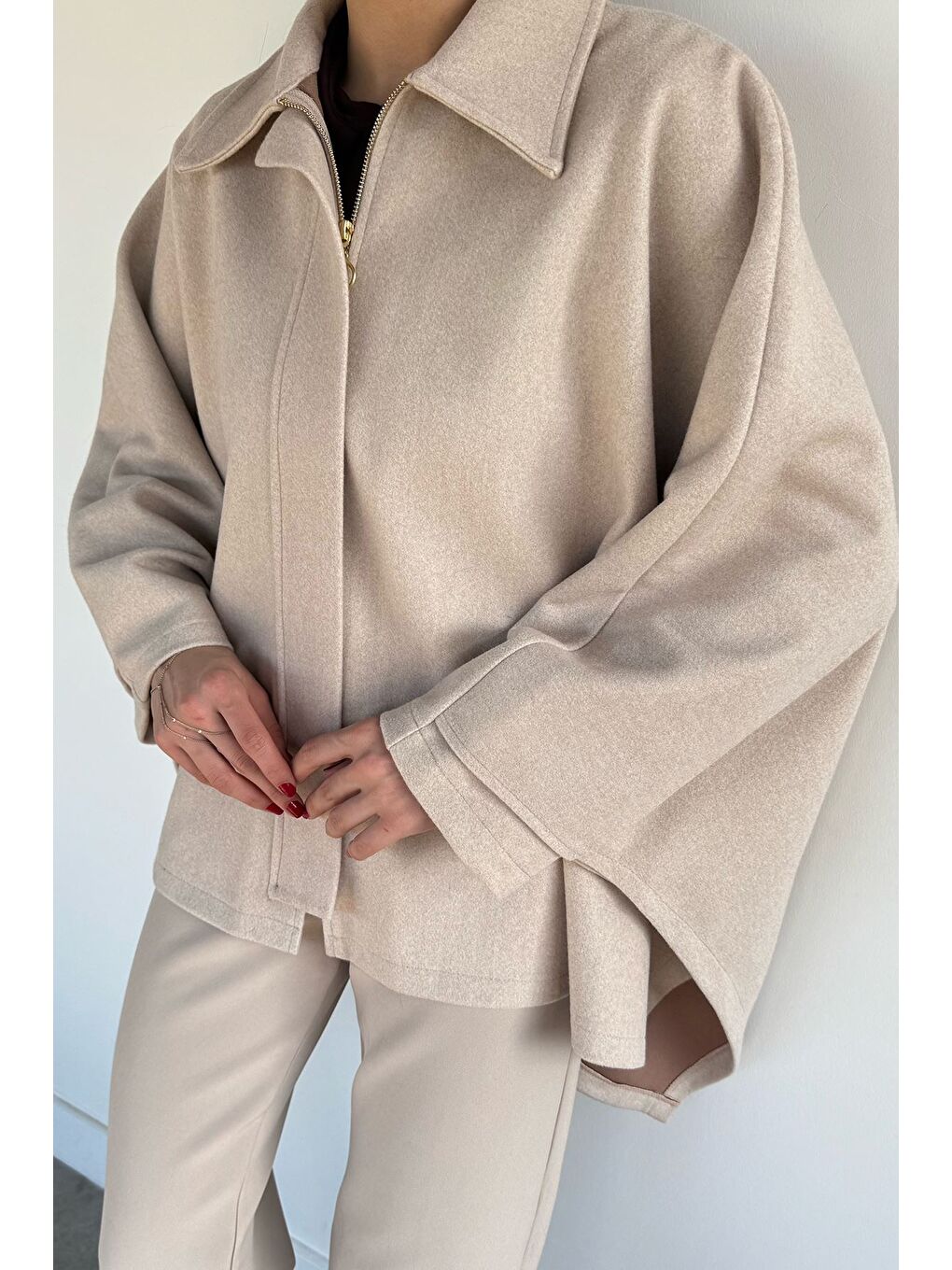 Bej Kadın Ön Fermuarlı Panço (s-m-l-xl Uyumludur)-2