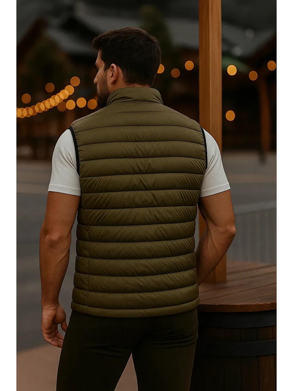 Erkek Astarlı Kışlık Cepli Fermuarlı Haki Şişme Yelek-4