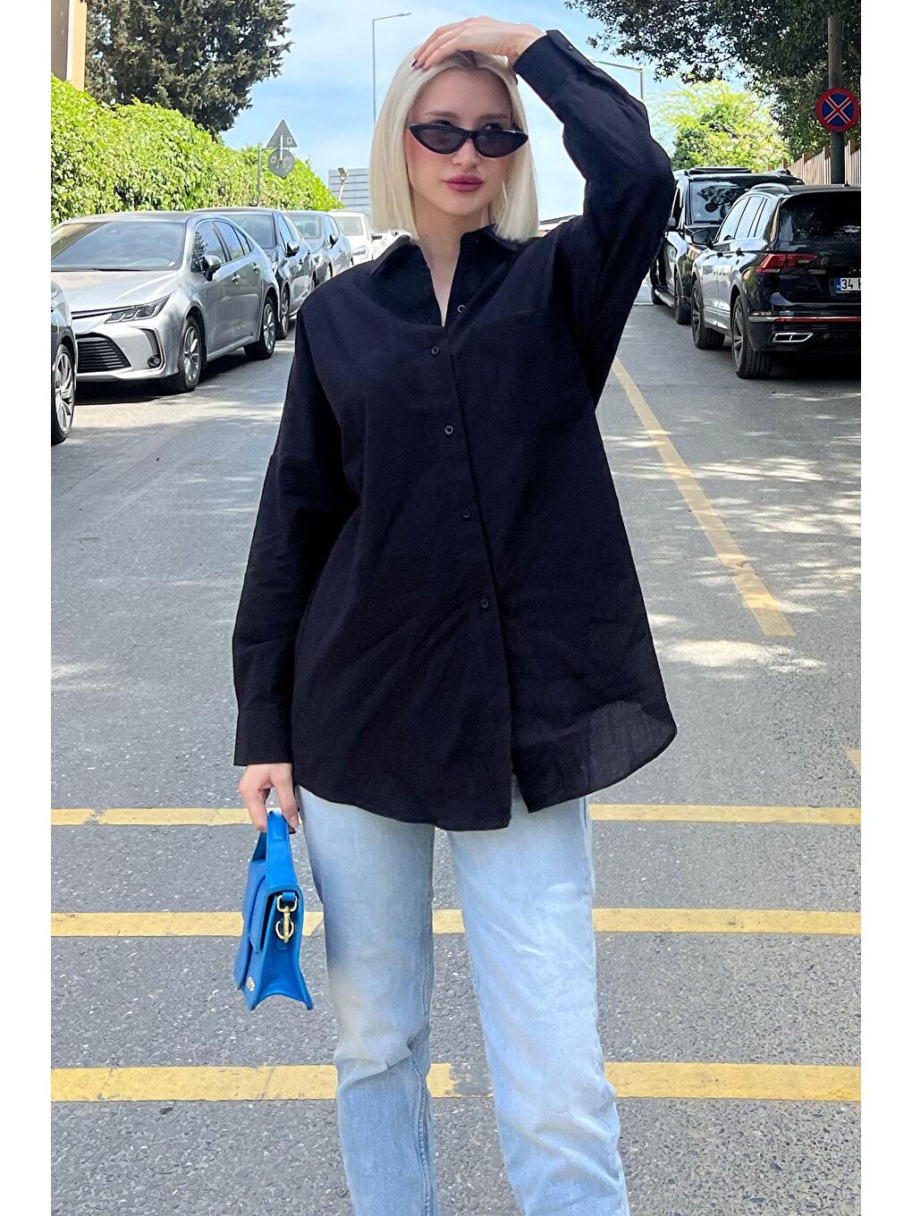 Siyah Oversize Basic Cepli Poplin Gömlek Mg1530-2