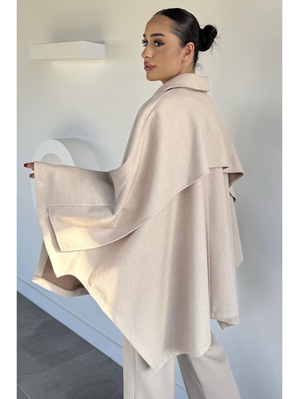 Bej Kadın Ön Fermuarlı Panço (s-m-l-xl Uyumludur)-3