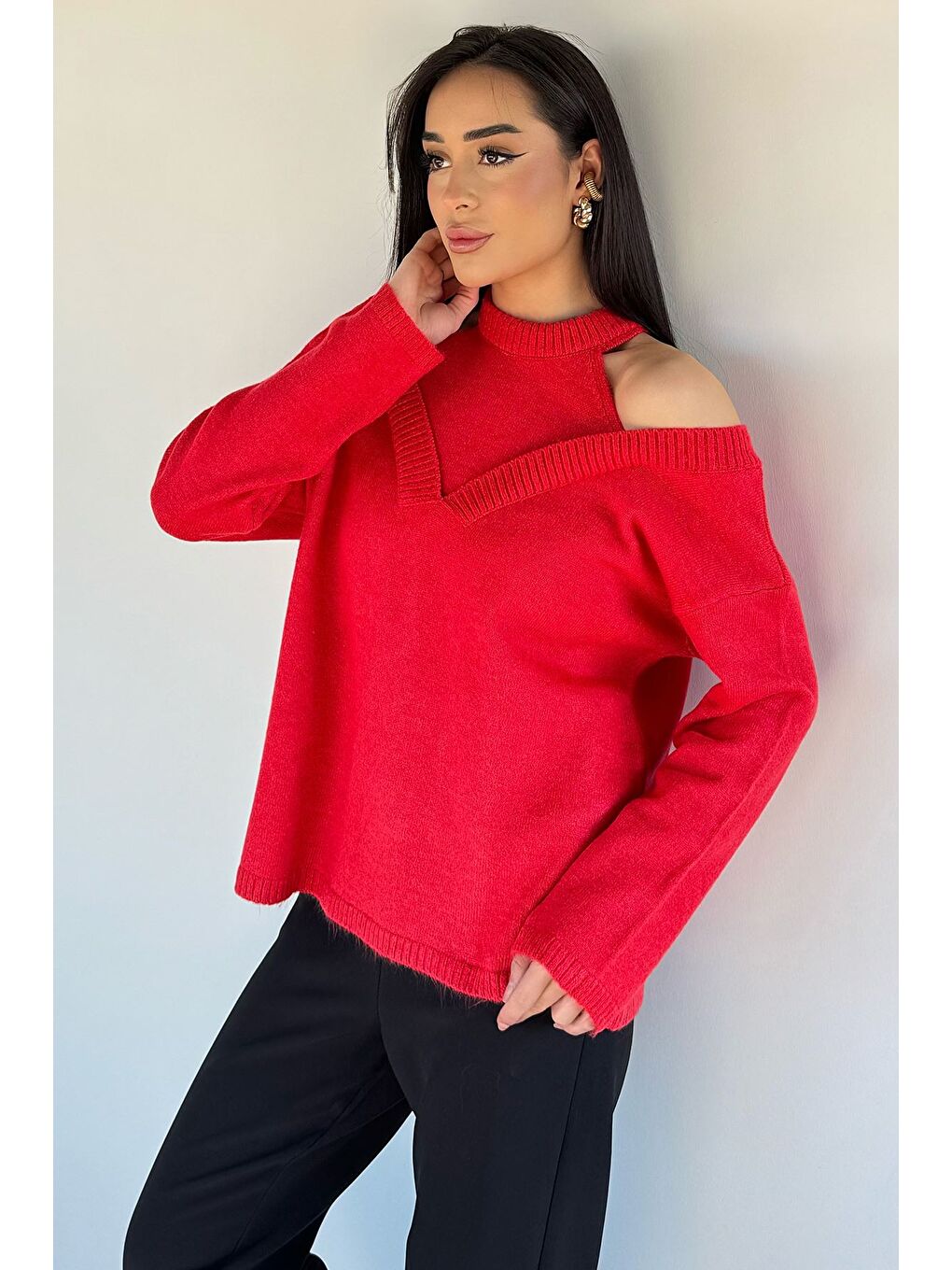 Kırmızı Halter Yaka Kadın Triko Bluz