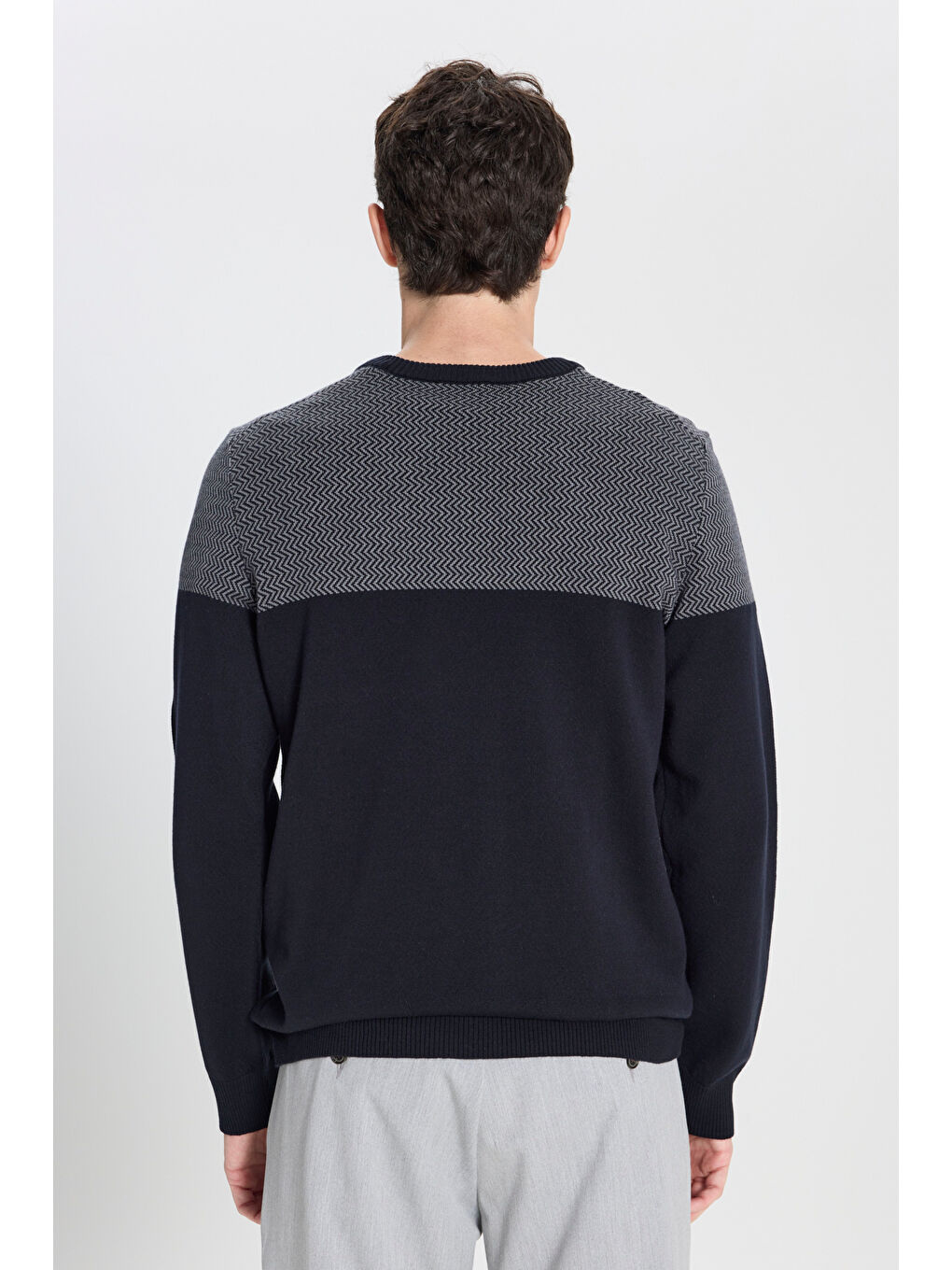 Erkek Lacivert Pamuklu Standart Fit Normal Kesim Bisiklet Yaka Renk Bloklu Triko Kazak-4