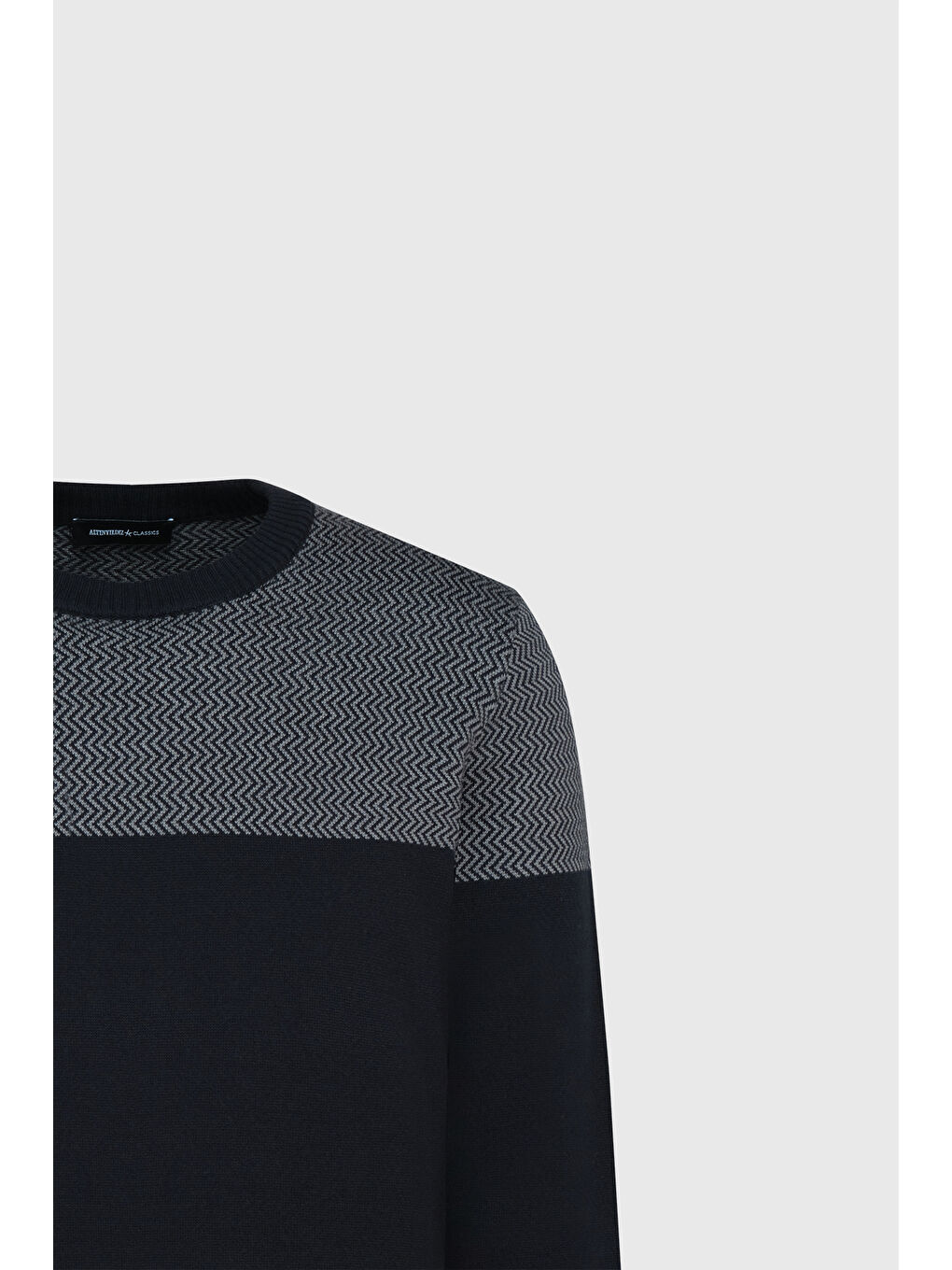 Erkek Lacivert Pamuklu Standart Fit Normal Kesim Bisiklet Yaka Renk Bloklu Triko Kazak-6