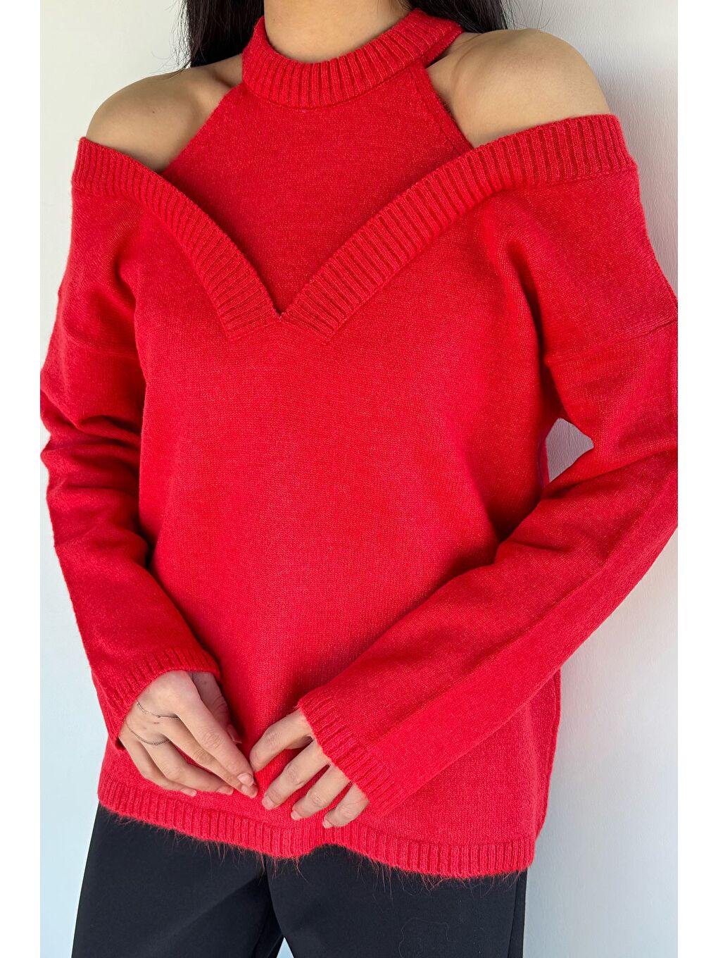 Kırmızı Halter Yaka Kadın Triko Bluz-2