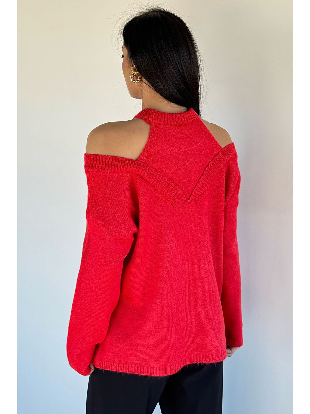 Kırmızı Halter Yaka Kadın Triko Bluz-3