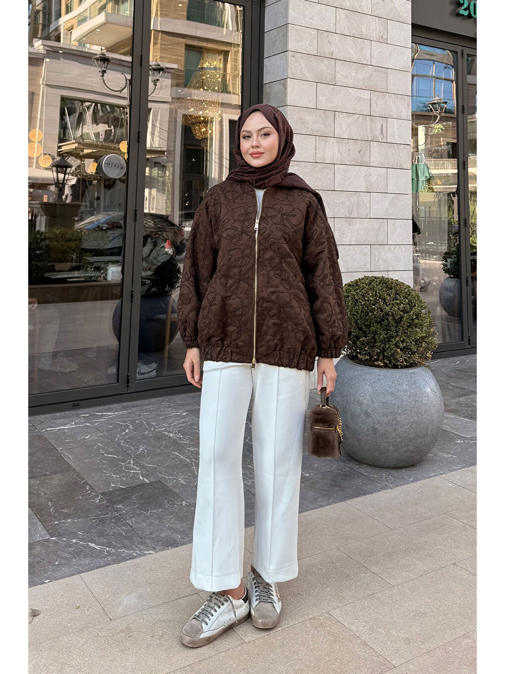 Kadın Yakma Çiçek Detaylı Ceket Kahverengi-1