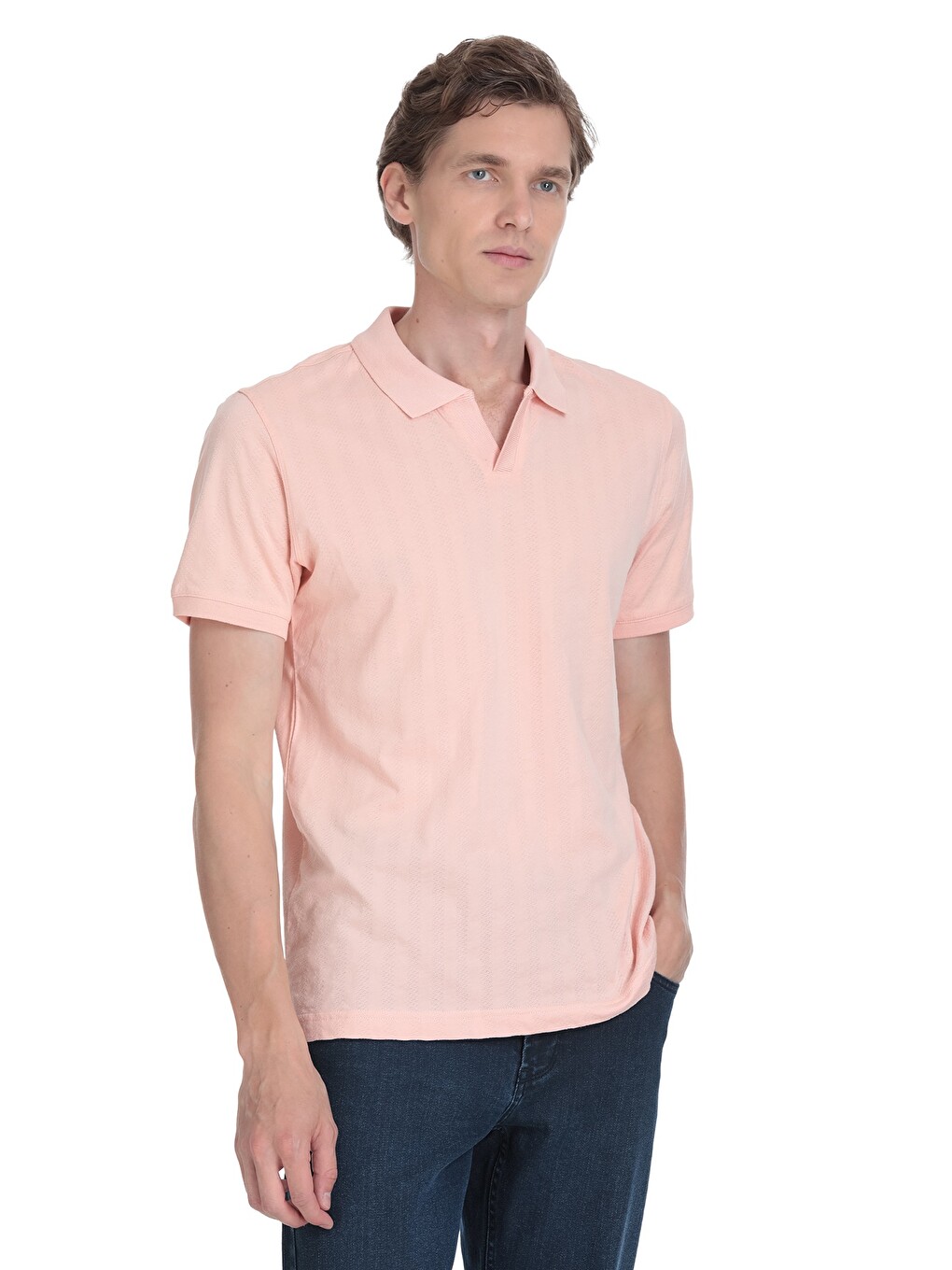 Pembe Regular Fit Apaş Yaka Pamuklu Tişört-2