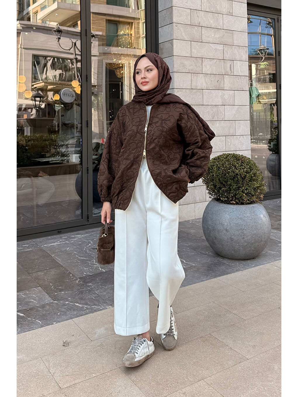 Kadın Yakma Çiçek Detaylı Ceket Kahverengi-2