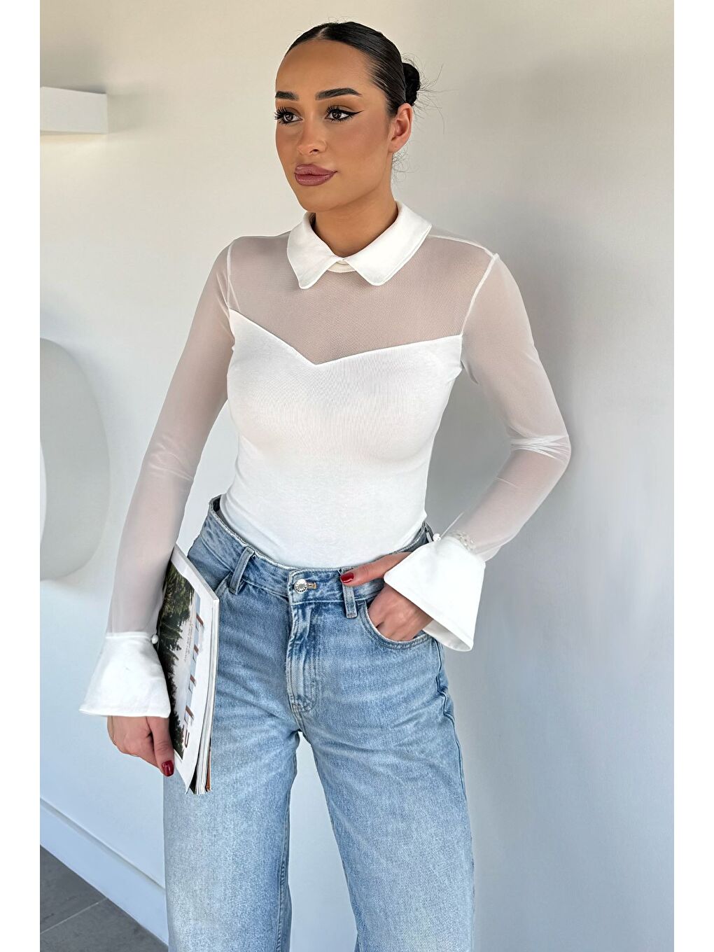 Ekru Kadın Polo Yaka Tül Garnili Elastanlı Bluz-1