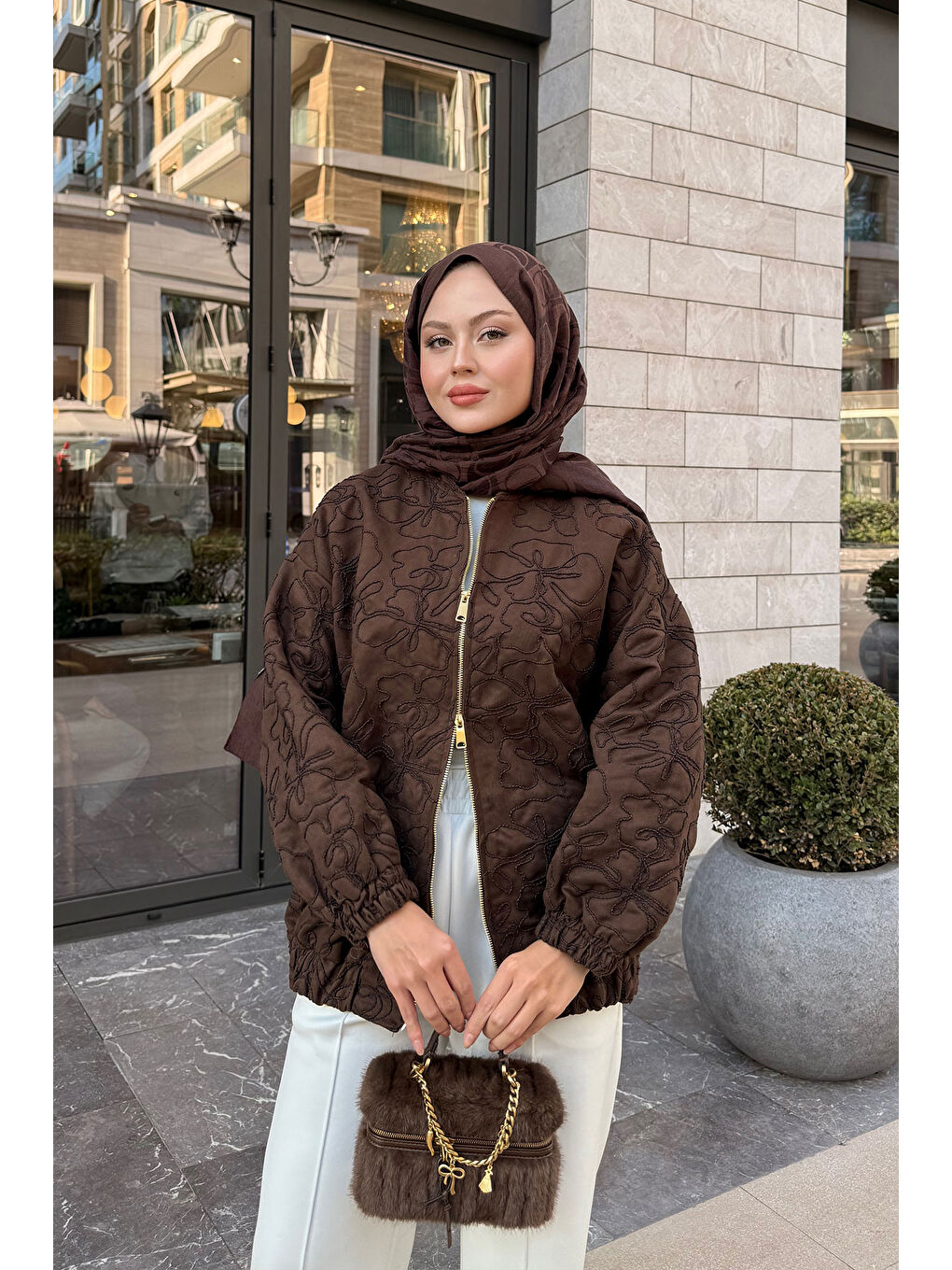 Kadın Yakma Çiçek Detaylı Ceket Kahverengi-3