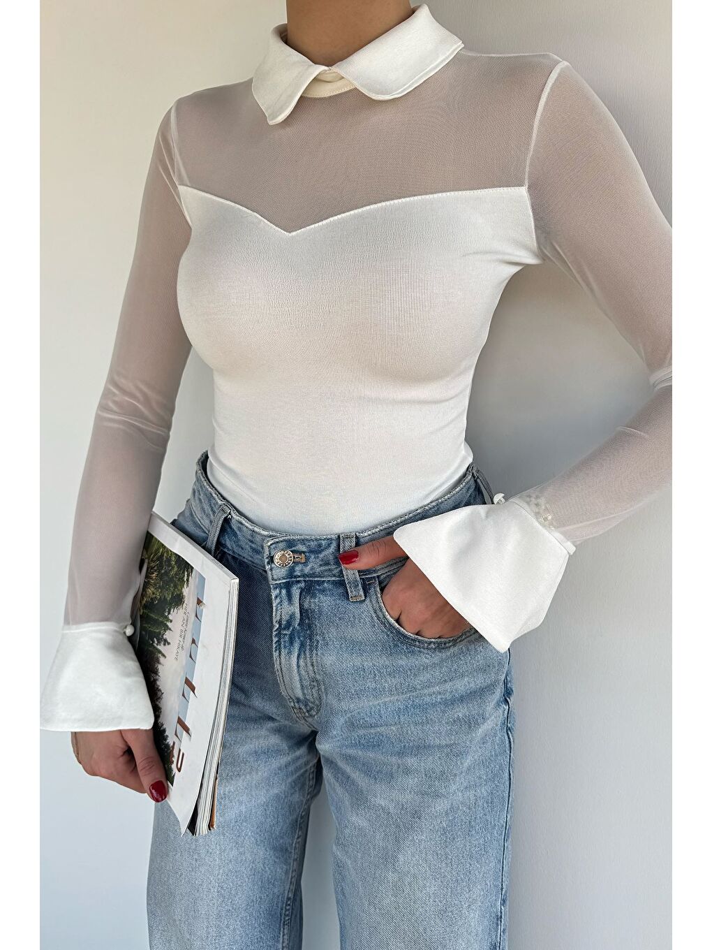 Ekru Kadın Polo Yaka Tül Garnili Elastanlı Bluz-2