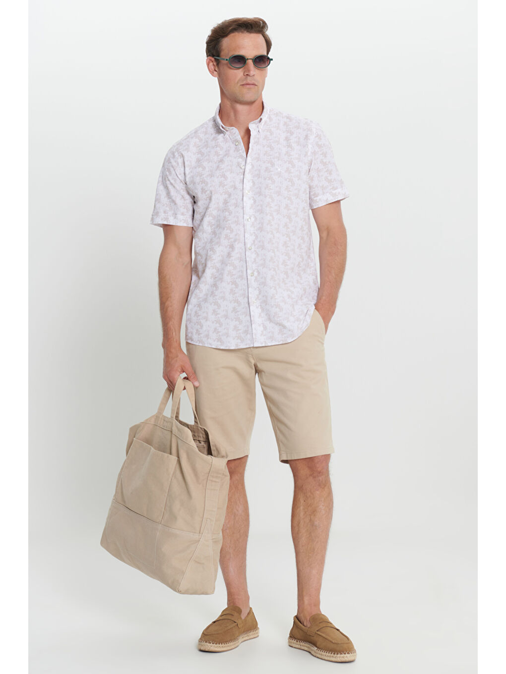 Erkek Beyaz-Bej Slim Fit Dar Kesim %100 Pamuk Düğmeli Yaka Baskılı Gömlek-1