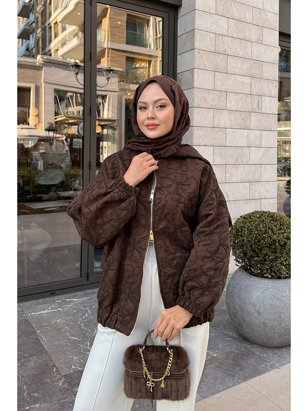 Kadın Yakma Çiçek Detaylı Ceket Kahverengi-4