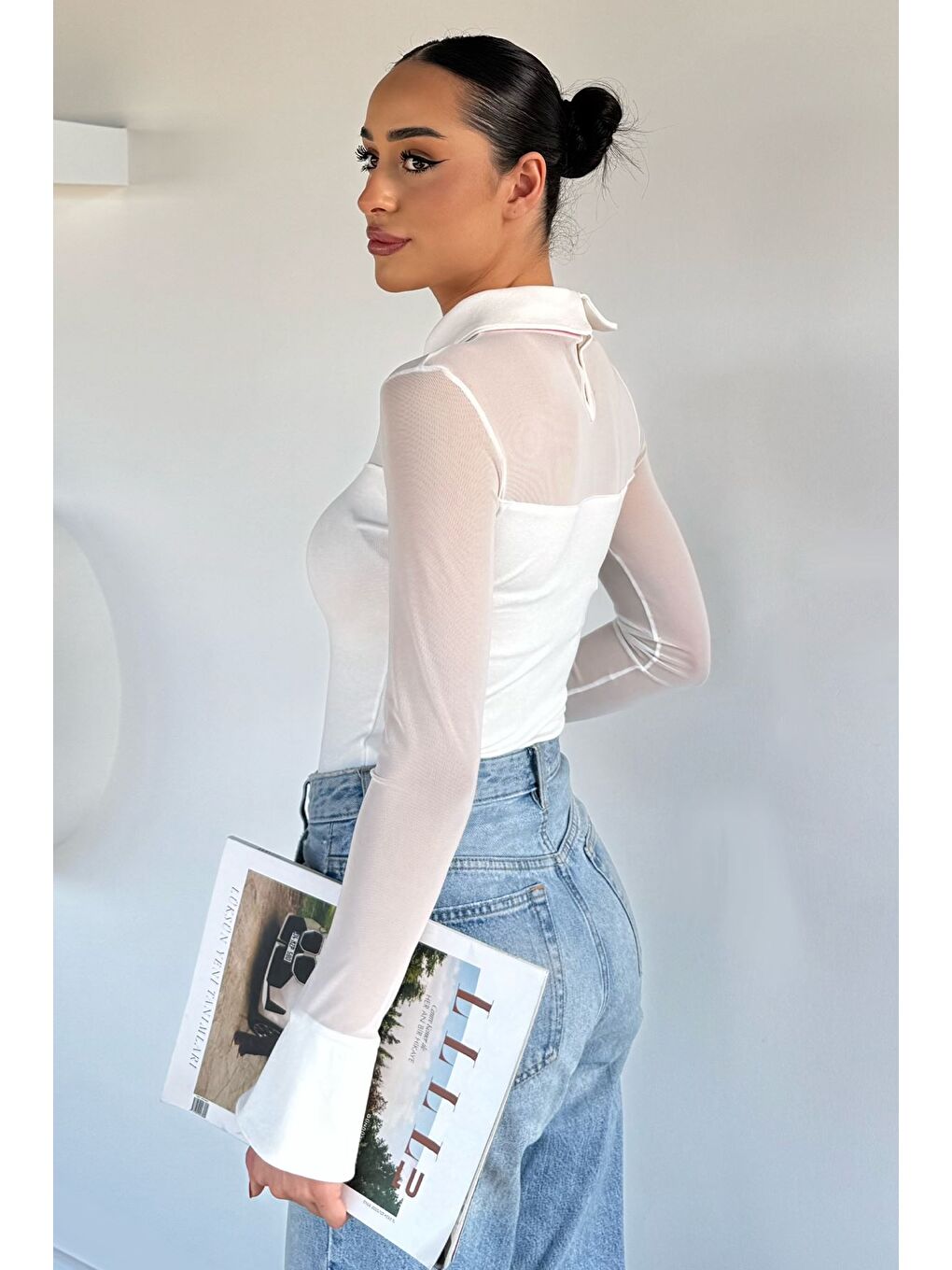 Ekru Kadın Polo Yaka Tül Garnili Elastanlı Bluz-3
