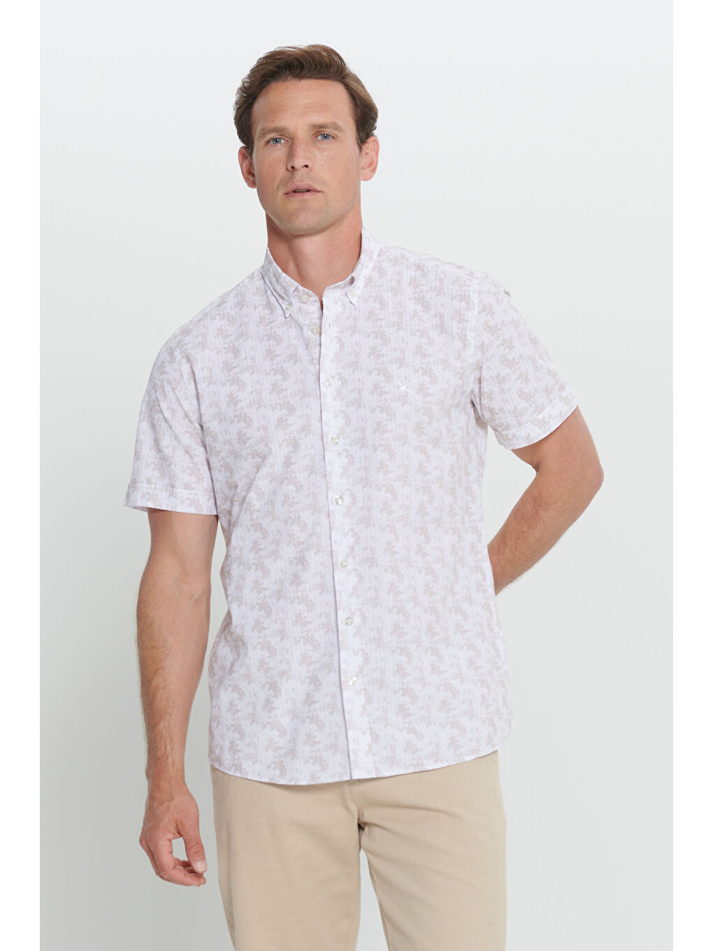 Erkek Beyaz-Bej Slim Fit Dar Kesim %100 Pamuk Düğmeli Yaka Baskılı Gömlek-2