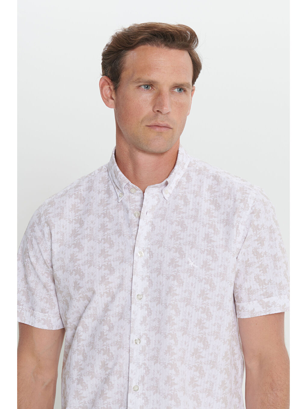 Erkek Beyaz-Bej Slim Fit Dar Kesim %100 Pamuk Düğmeli Yaka Baskılı Gömlek-3