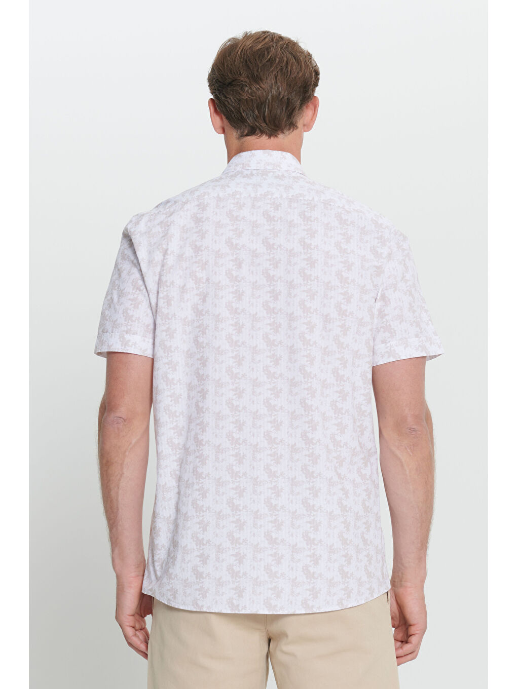 Erkek Beyaz-Bej Slim Fit Dar Kesim %100 Pamuk Düğmeli Yaka Baskılı Gömlek-4