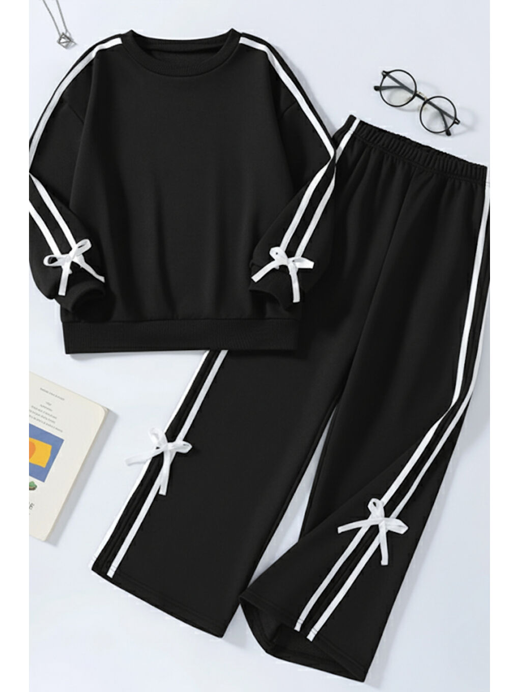 Siyah Kız Çocuk Çift Şerit Kurdele Eşofman Takımı 4-16 Yaş 12145