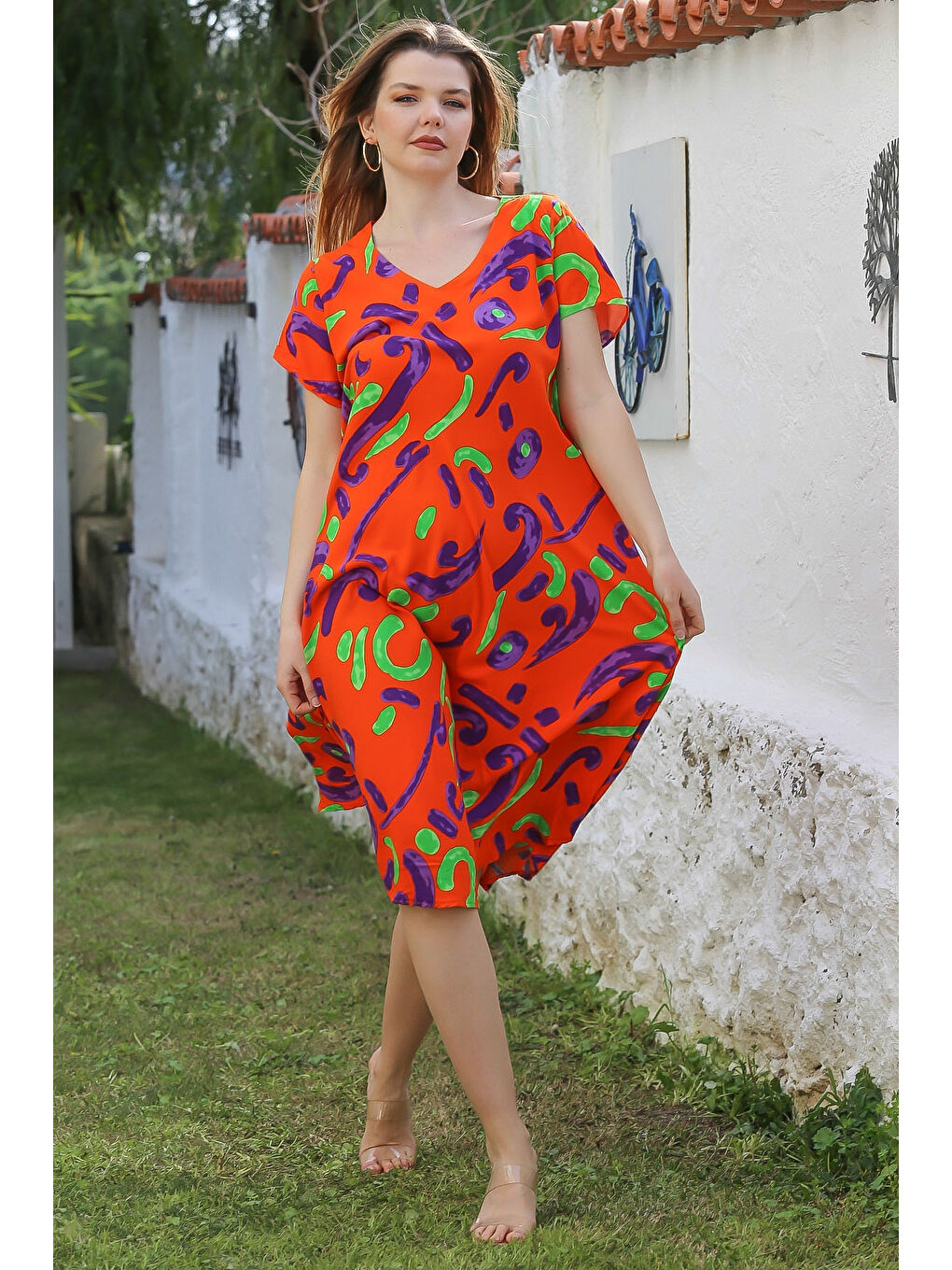 Turuncu V Yaka Düşük Kol Allover Baskılı Casual Viskon Dokuma Elbise 115 66-2
